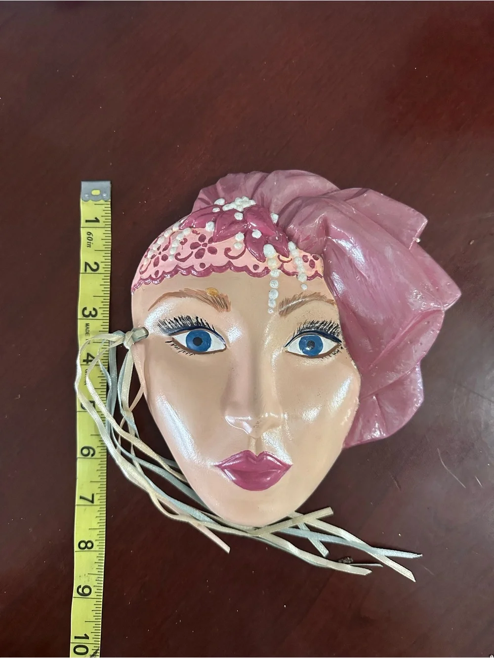 Vintage ceramic glamor girl with hat mask wall hanging 1980s art deco